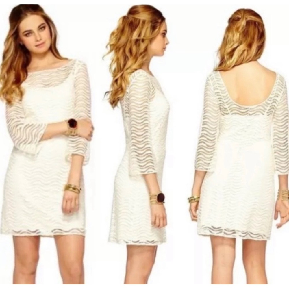 Lilly Pulitzer White Wavy Chevron Lace Shift Dress 3/4 Bell Sleeve Scoop Back S